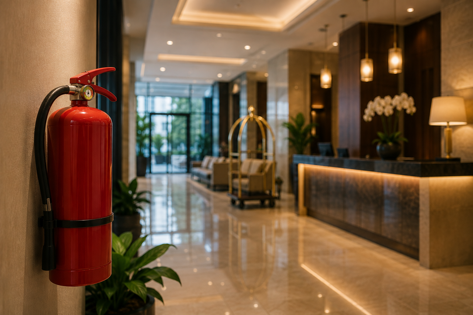 Extintor en lobby de hotel para prevención de incendios